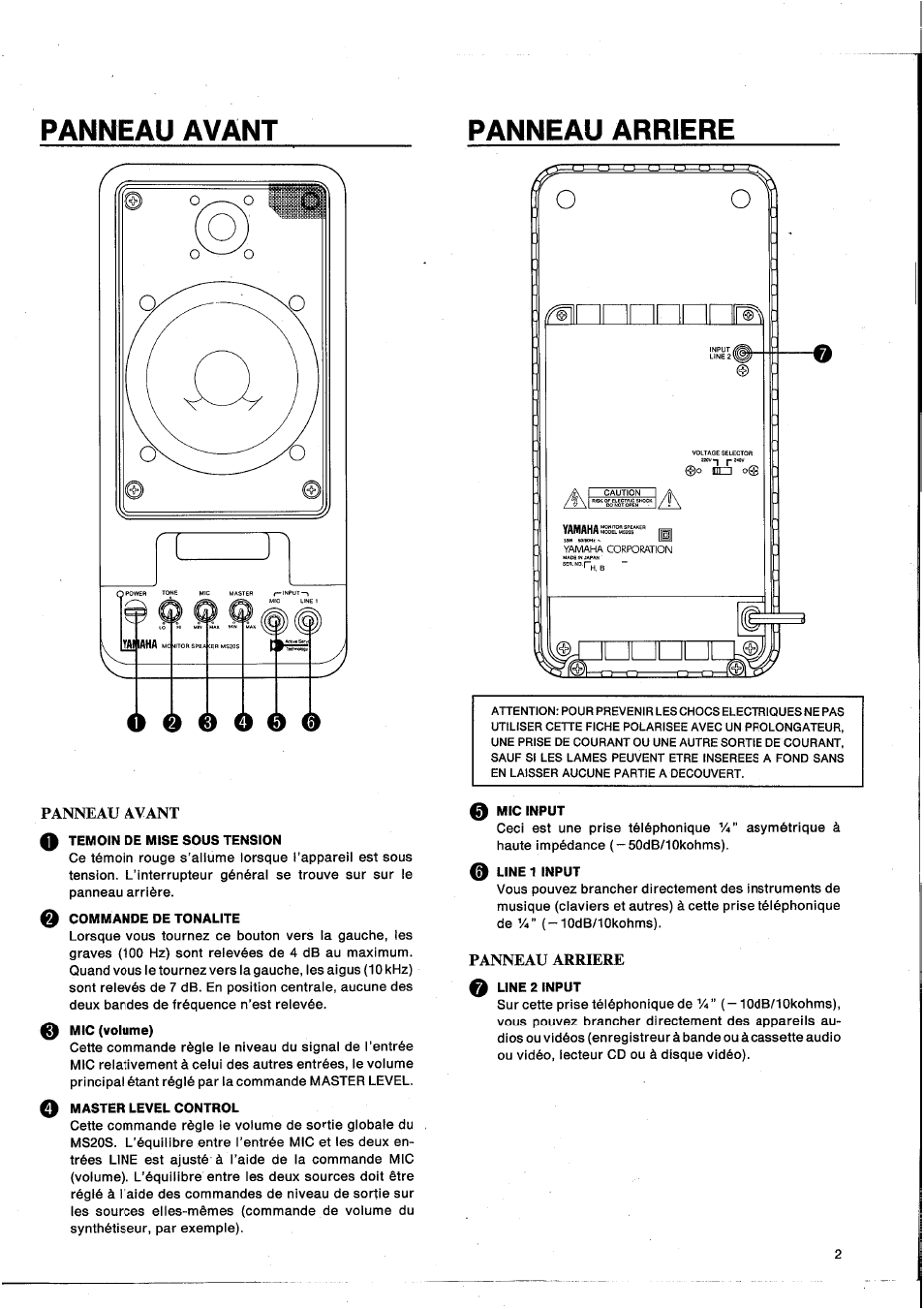 Panneau avant, Panneau arriere, Panneau avant panneau arriere | 6 0 й у 0 т | Yamaha MS20S User Manual | Page 10 / 20