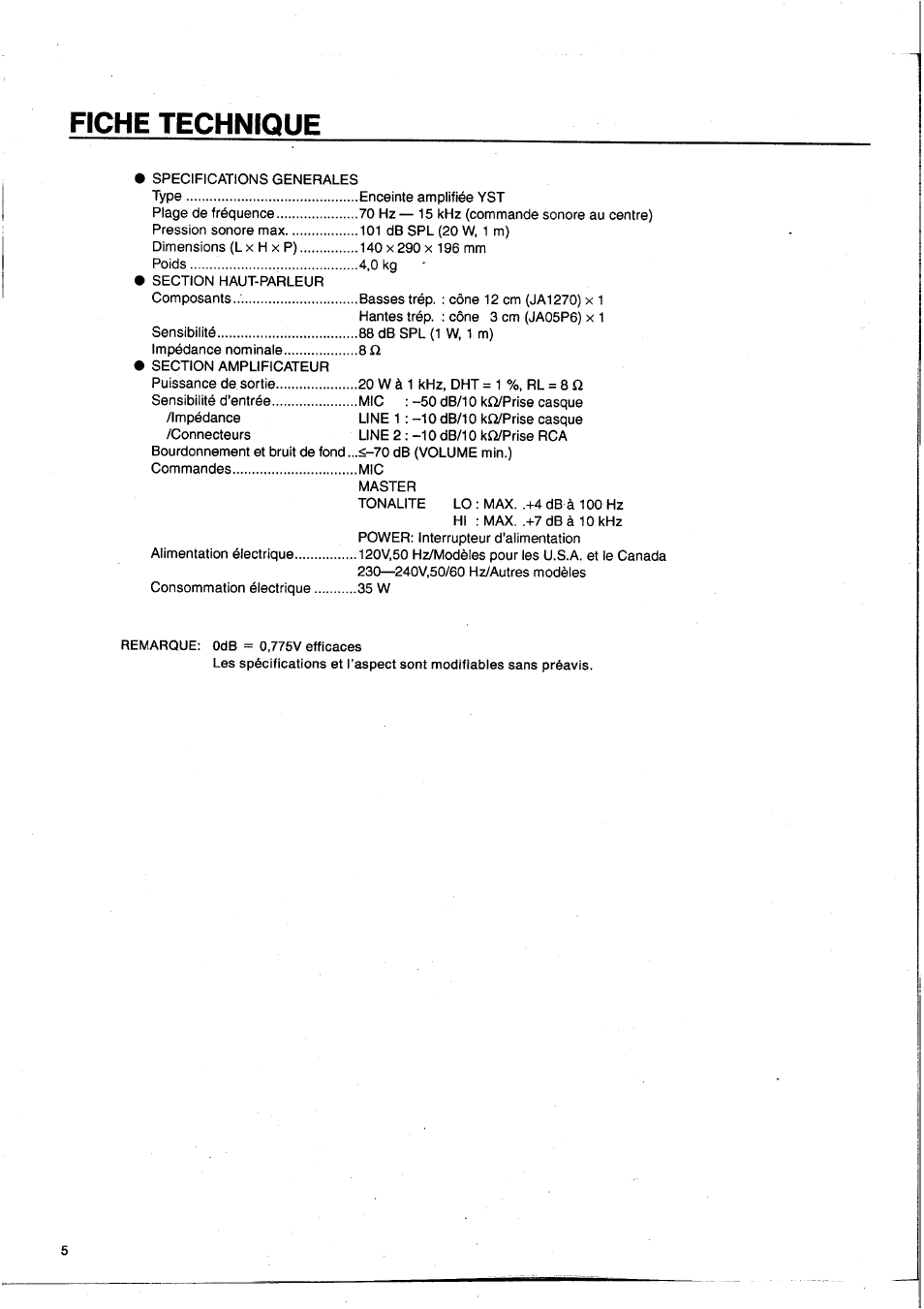 Fiche technique | Yamaha MS20S User Manual | Page 13 / 20