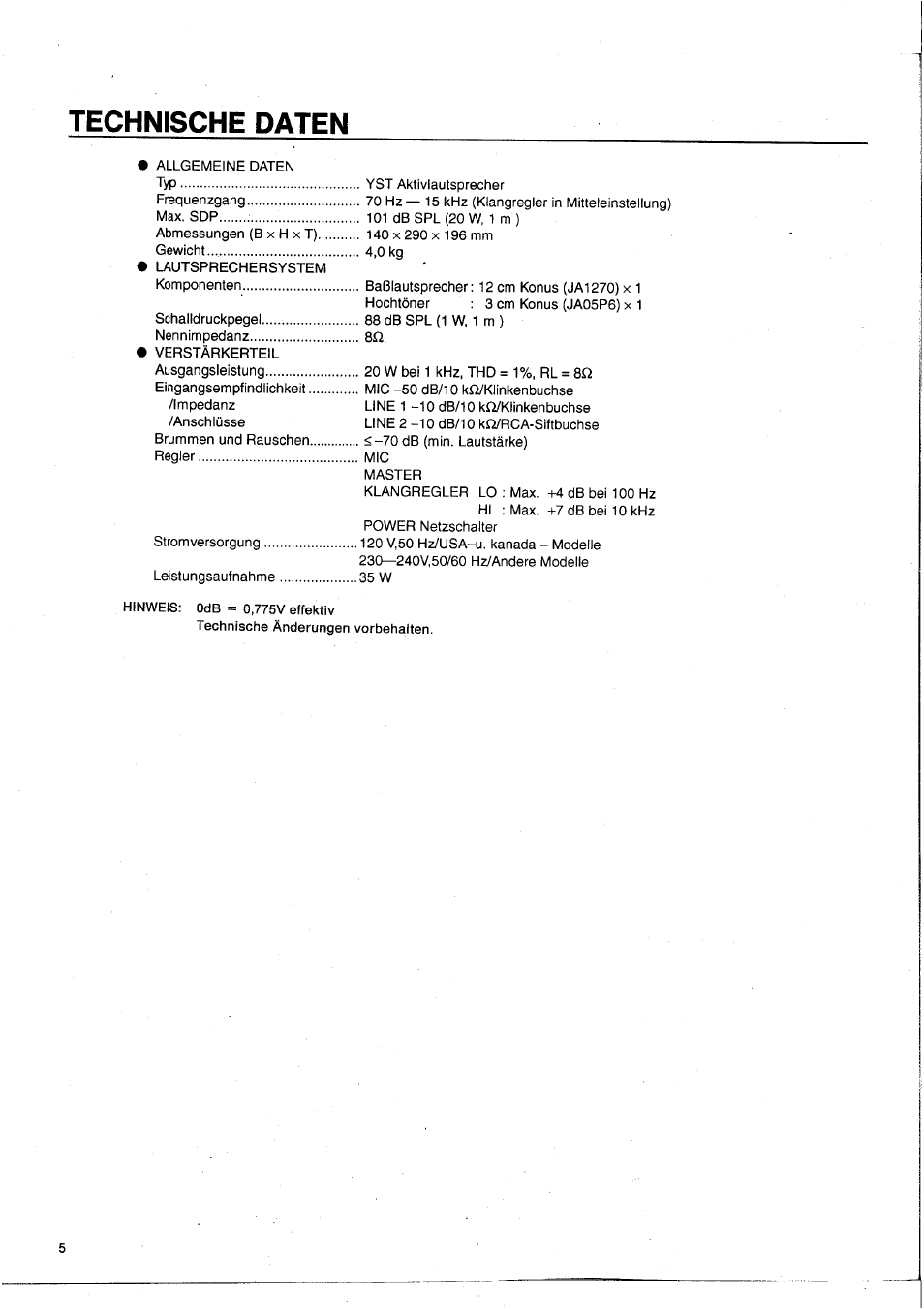 Technische daten | Yamaha MS20S User Manual | Page 19 / 20