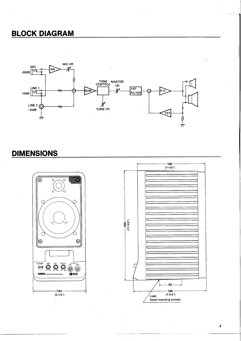 Block diagram, Dimensions | Yamaha MS20S User Manual | Page 6 / 20