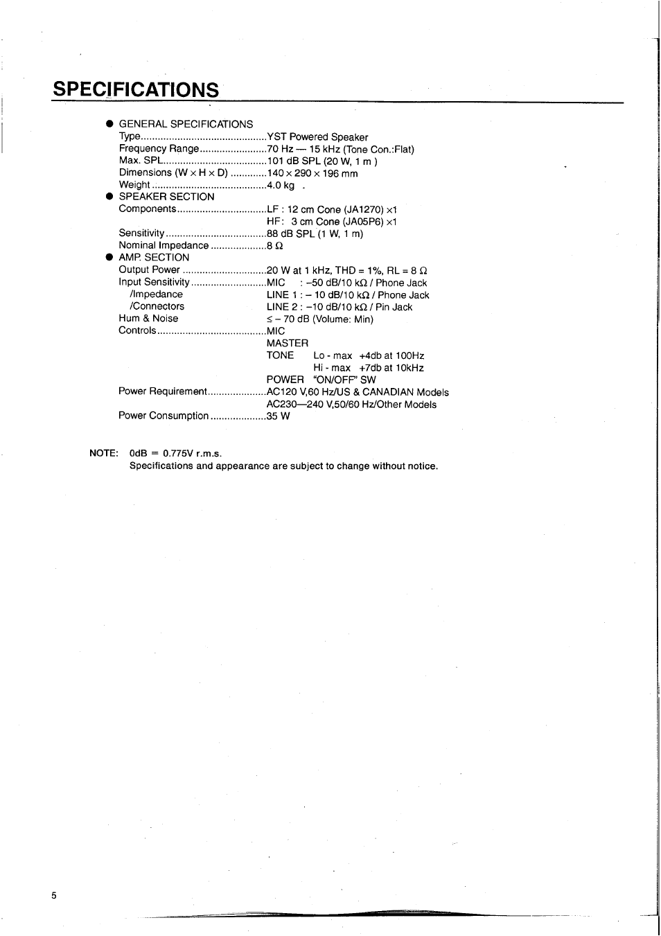 Specifications | Yamaha MS20S User Manual | Page 7 / 20