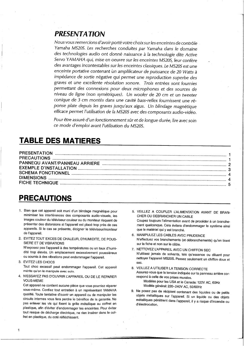 Table des matieres, Precautions, Presentation | Yamaha MS20S User Manual | Page 9 / 20