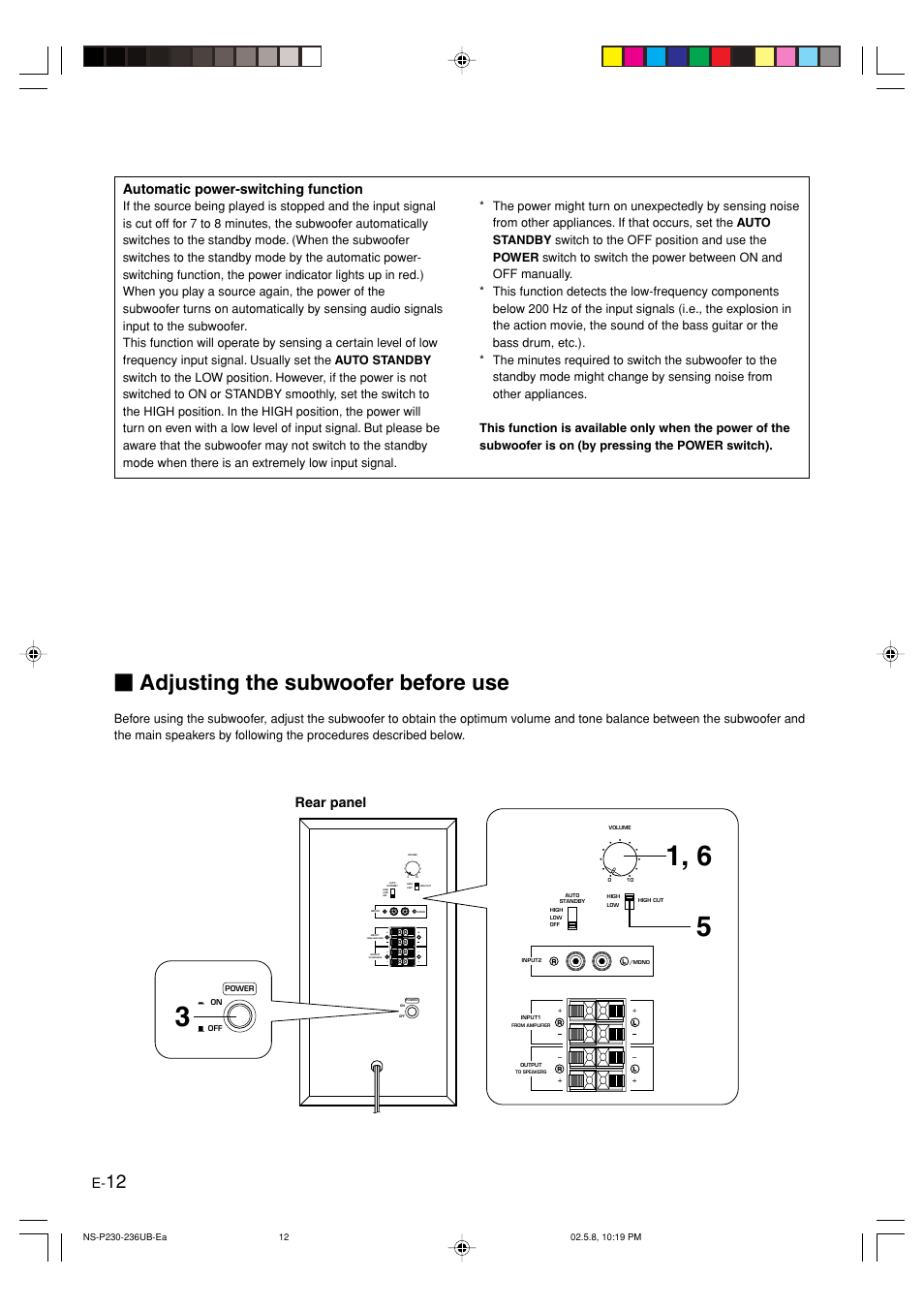 Adjusting the subwoofer before use, Rear panel, Automatic power-switching function | Yamaha NS-P230 User Manual | Page 16 / 20