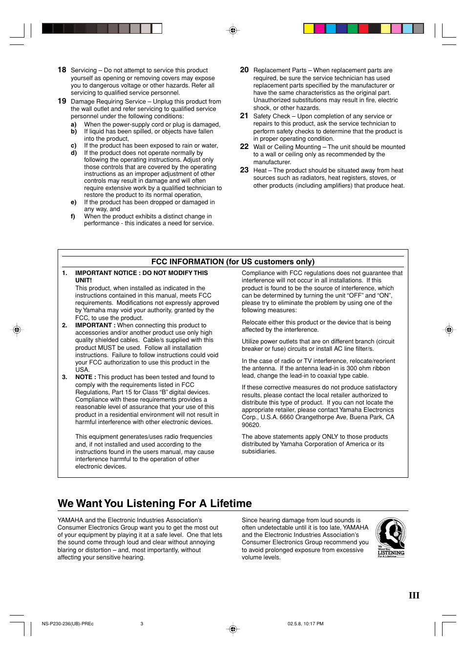 We want you listening for a lifetime | Yamaha NS-P230 User Manual | Page 3 / 20