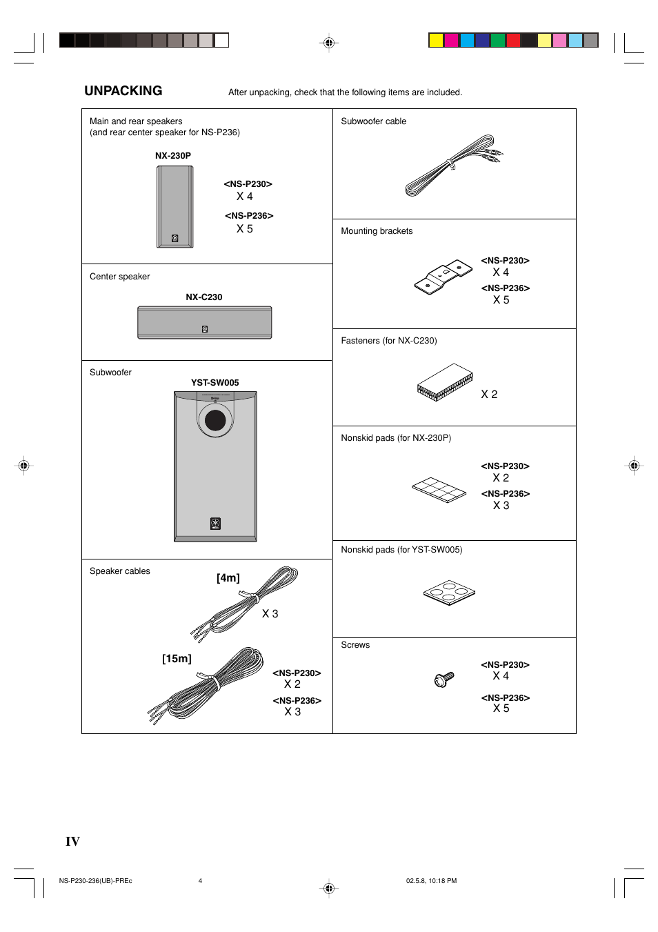 Unpacking, Iv unpacking | Yamaha NS-P230 User Manual | Page 4 / 20