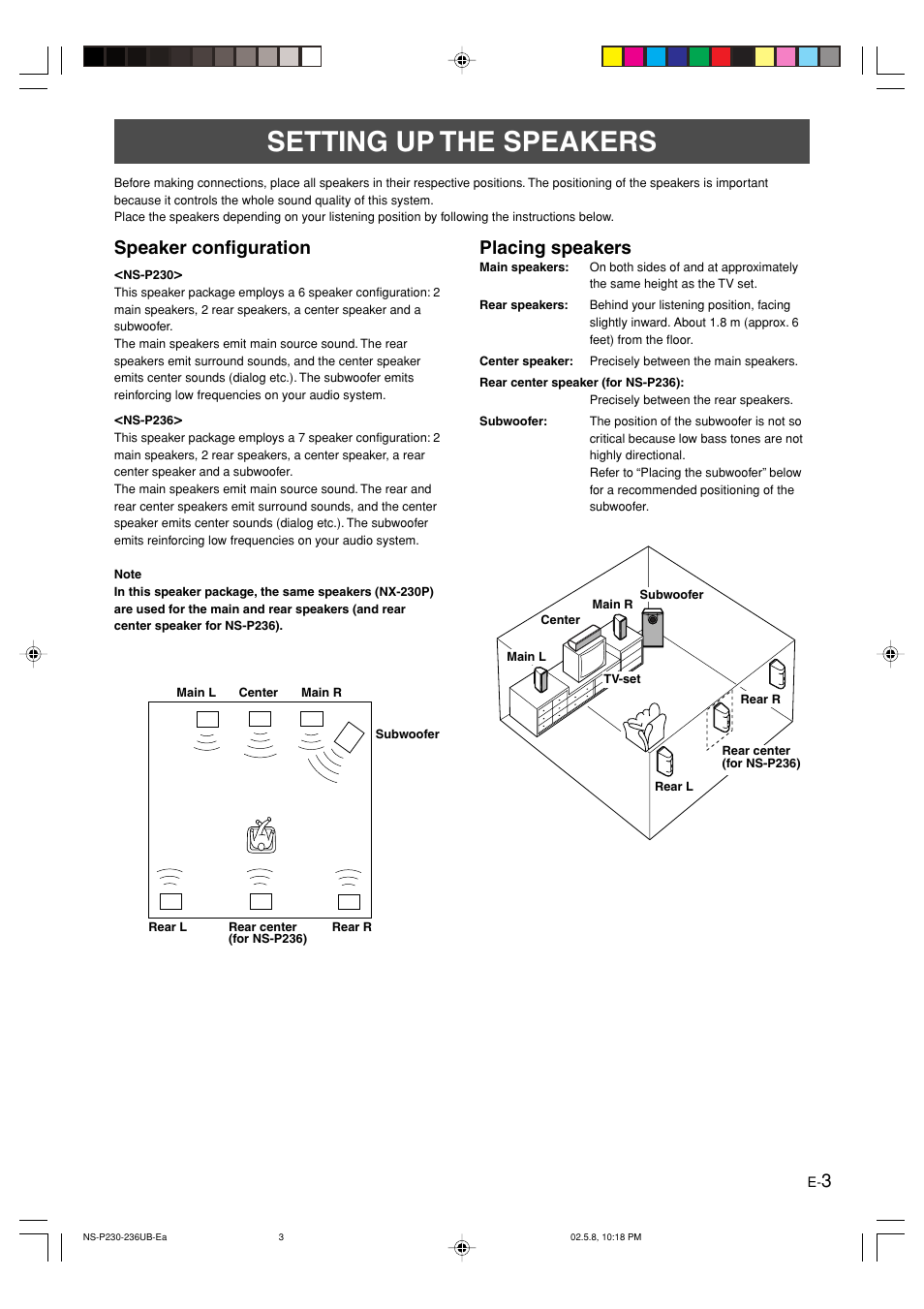 Setting up the speakers, Speaker configuration, Placing speakers | English | Yamaha NS-P230 User Manual | Page 7 / 20