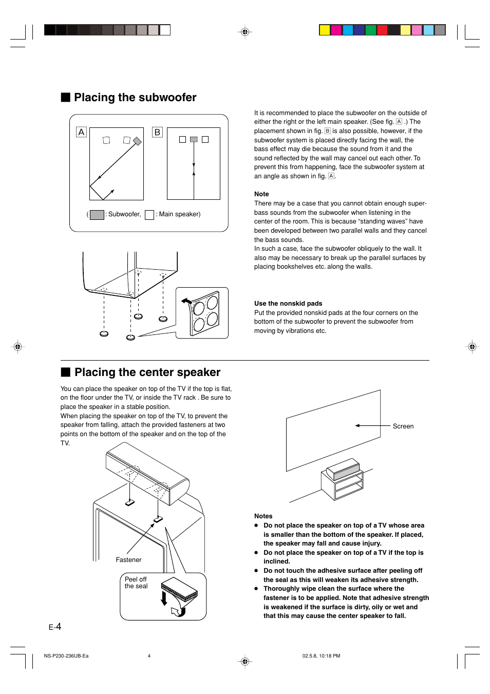 Placing the subwoofer, Placing the center speaker | Yamaha NS-P230 User Manual | Page 8 / 20