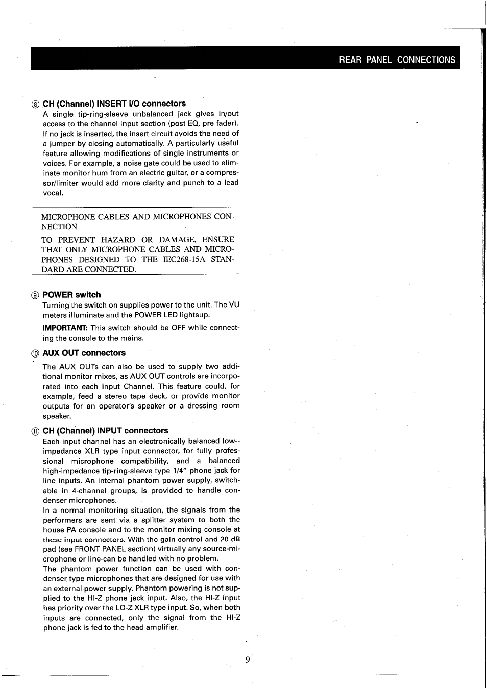 Rear panel connections, Ch (channel) insert i/o connectors, Power switch | Aux out connectors, Ch (channel) input connectors | Yamaha MC2410M User Manual | Page 11 / 58