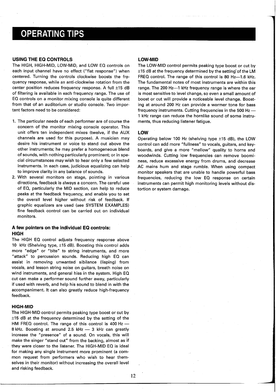 Using the eq controls, Low-mid, A few pointers on the individual eq controls | High, High-mid, Operating tips | Yamaha MC2410M User Manual | Page 14 / 58