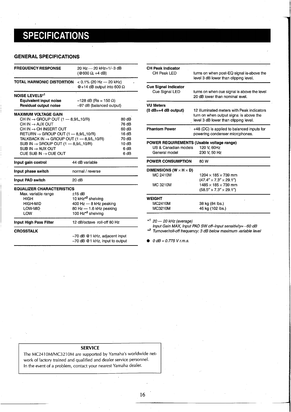 General specifications, Specifications | Yamaha MC2410M User Manual | Page 17 / 58