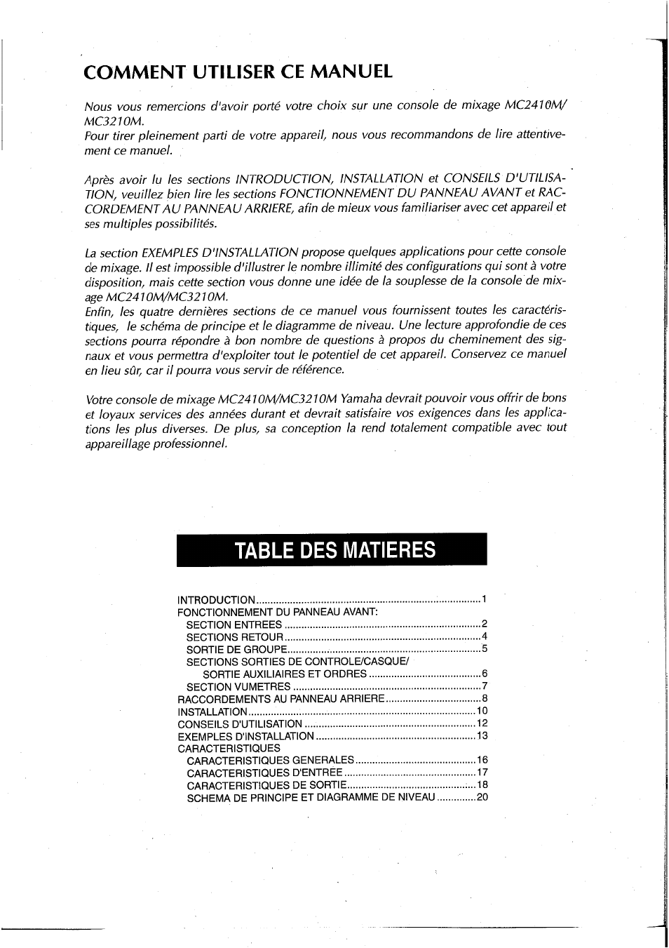 Comment utiliser ce manuel, Table des matieres | Yamaha MC2410M User Manual | Page 20 / 58