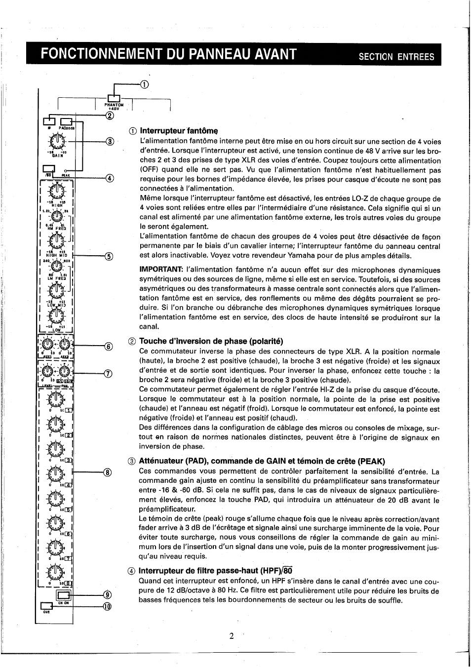 Interrupteur fantômç, Touche d’inversion de phase (poiarité), Interrupteur de filtre passe-haut (hpf)/8ô | Fonctionnement du panneau avant | Yamaha MC2410M User Manual | Page 22 / 58