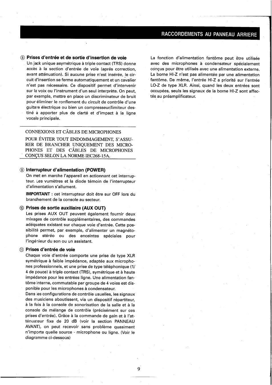 Raccordements au panneau arriere, Prises d’entrée et de sortie d’insertion de voie, Interrupteur d’alimentation (power) | Prises de sortie auxiliaire (aux out), Prises d’entrée de voie | Yamaha MC2410M User Manual | Page 29 / 58