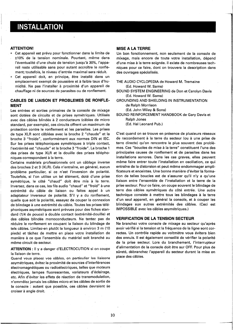 Attention, Cables de liaison et problemes de ronflement, Mise a la terre | Verification de la tension secteur, Installation | Yamaha MC2410M User Manual | Page 30 / 58