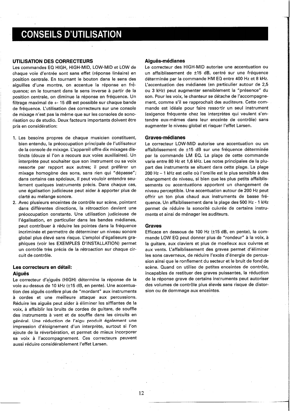 Utilisation des correcteurs, Les correcteurs en détail, Aiguës | Aiguës-médianes, Graves-médianes, Graves, Conseils d’utilisation | Yamaha MC2410M User Manual | Page 32 / 58