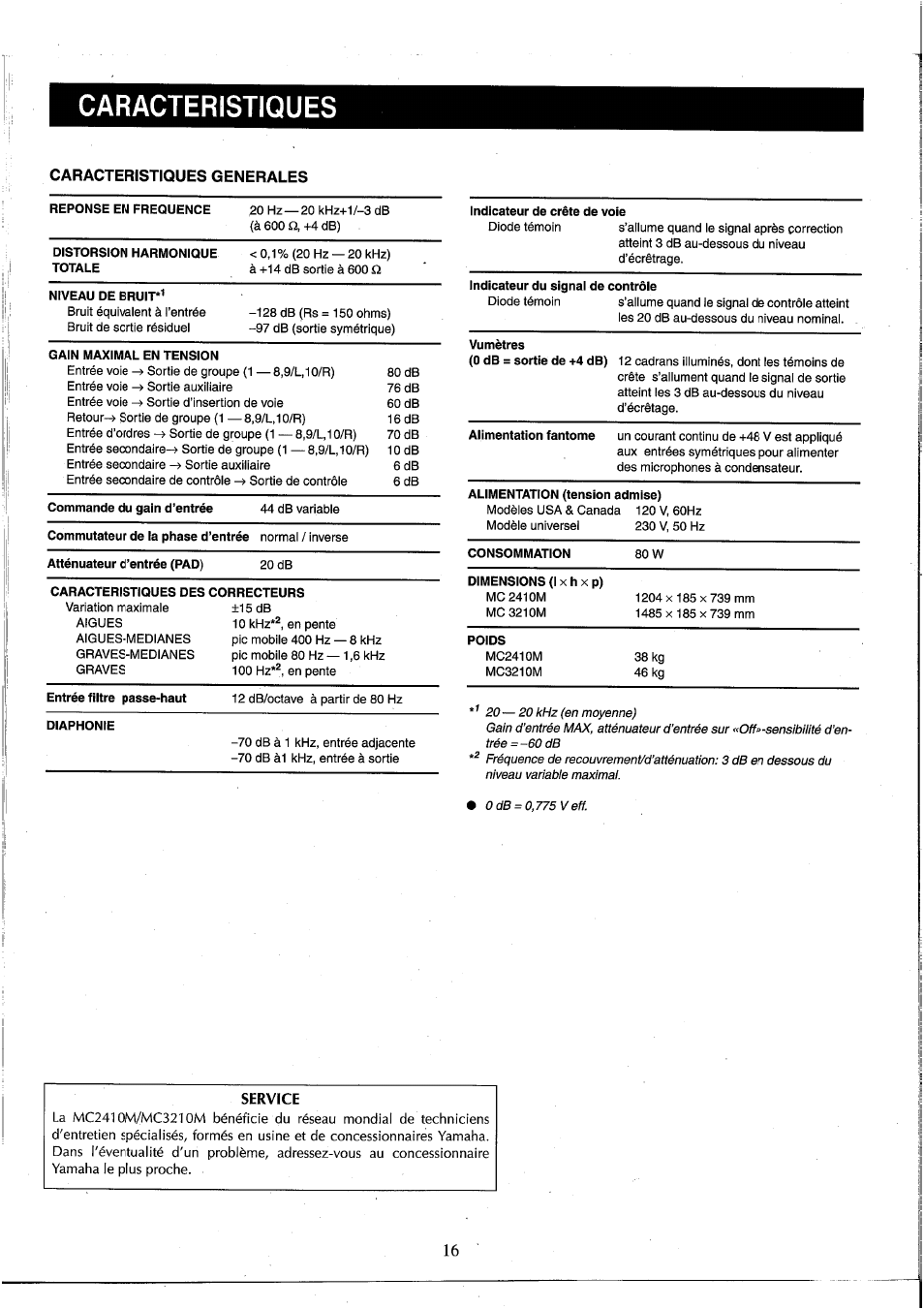 Caracteristiques generales, Caracteristiques, Service | Yamaha MC2410M User Manual | Page 35 / 58