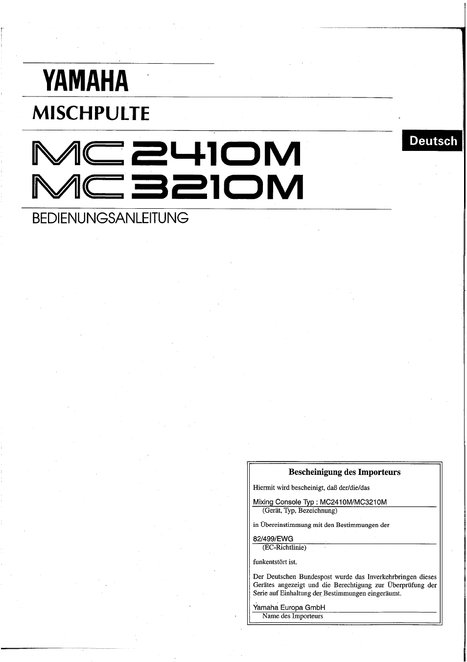 Bescheinigung des importeurs, Sm-iom, Yamaha | Mischpulte | Yamaha MC2410M User Manual | Page 37 / 58