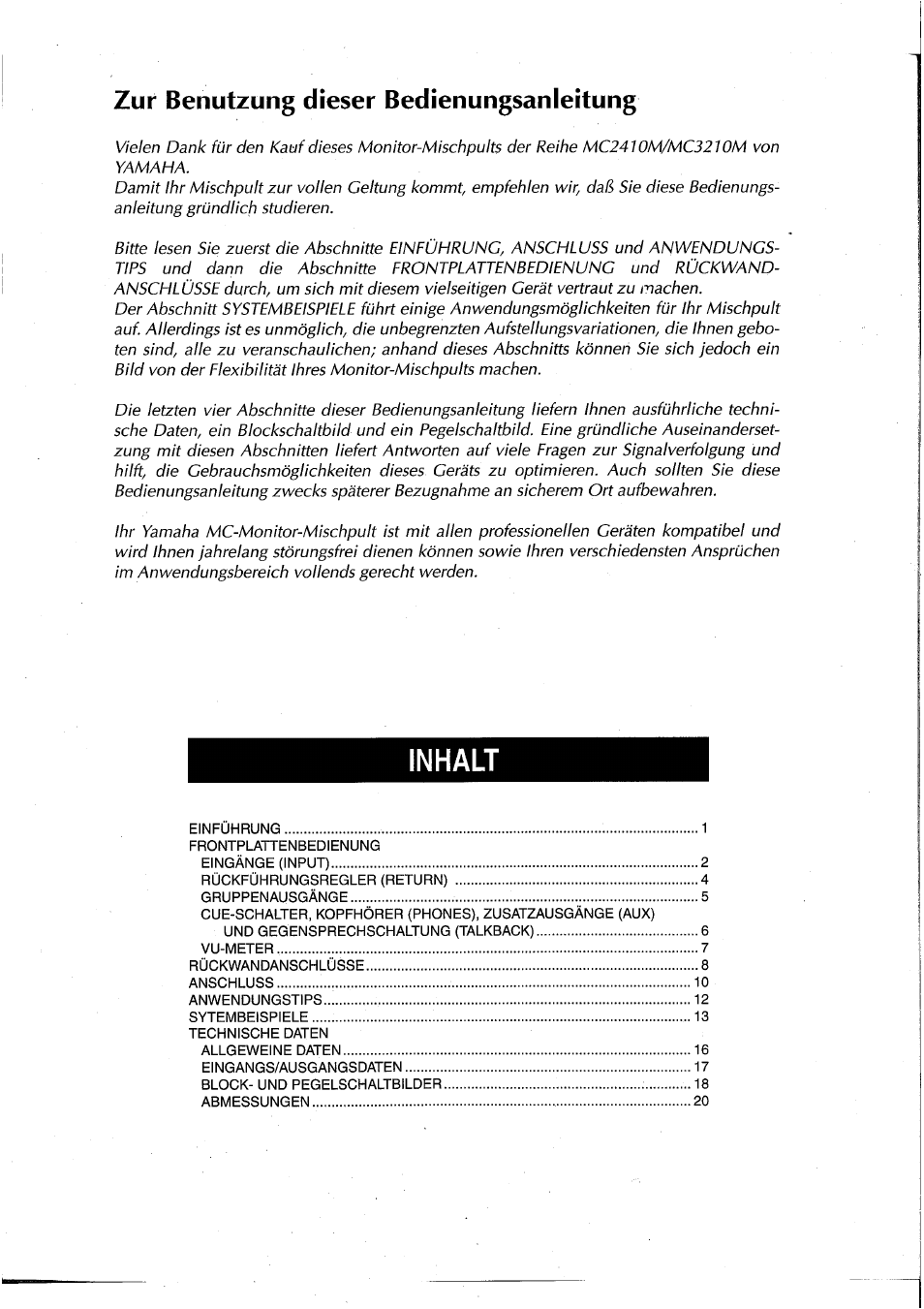 Zur benutzung dieser bedienungsanleitung, Inhalt | Yamaha MC2410M User Manual | Page 38 / 58