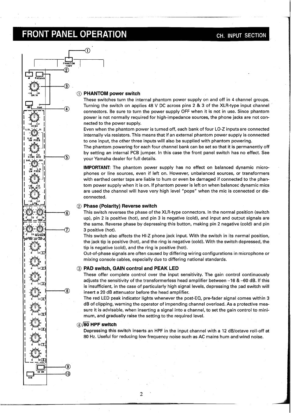 Phantom power switch, Phase (polarity) reverse switch, 3) pad switch, gain control and peak led | 0/80 hpf switch, Front panel operation | Yamaha MC2410M User Manual | Page 4 / 58