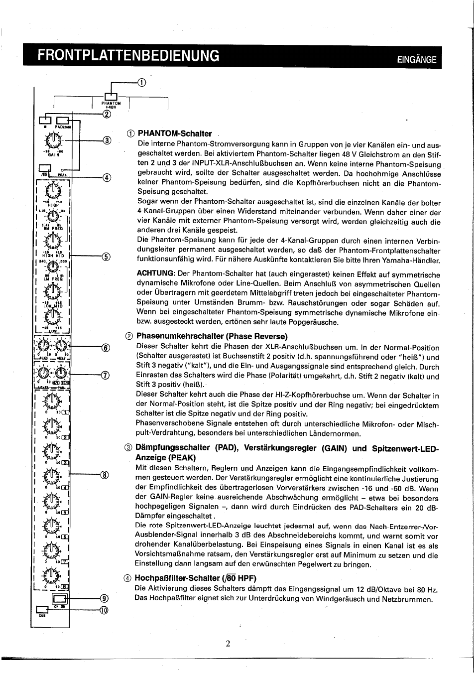 Ф phantom-schalter, D phasenumkehrschalter (phase reverse), Hochpaßfilter-schaltei; (ßö hpf) | Frontplattenbedienung | Yamaha MC2410M User Manual | Page 40 / 58