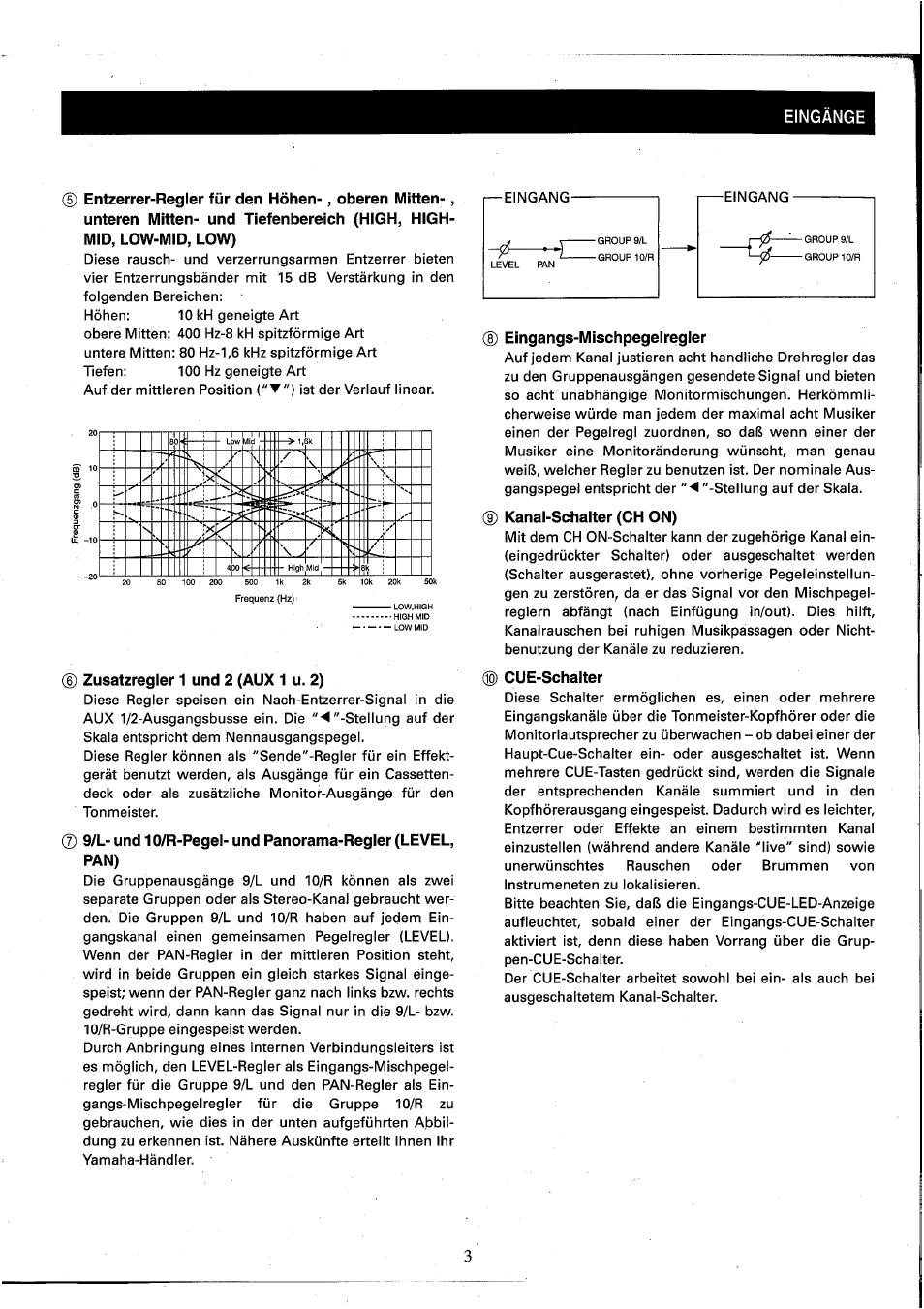 D zusatzregler 1 und 2 (aux 1 u. 2), Eingangs-mischpegelregler, Kanal-schalter (ch on) | Cue-schalter | Yamaha MC2410M User Manual | Page 41 / 58