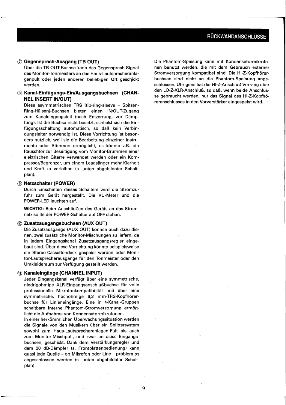 Gegensprech-ausgang (tb out), 9) netzschalter (power), Jg) zusatzausgangsbuchsen (aux out) | 0) kanaleingänge (channel input) | Yamaha MC2410M User Manual | Page 47 / 58