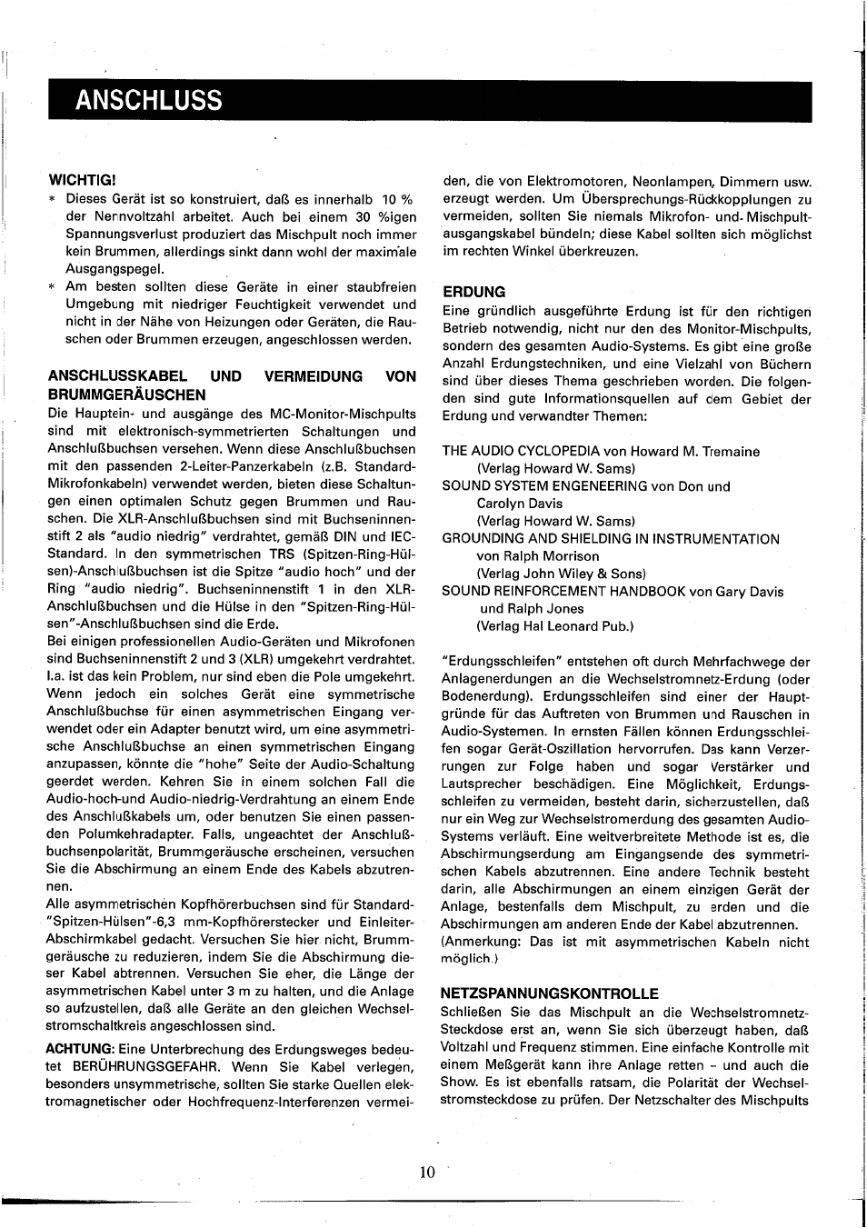 Wichtig, Anschlusskabel und vermeidung von brummgeräuschen, Erdung | Netzspannungskontrolle, Anschluss | Yamaha MC2410M User Manual | Page 48 / 58