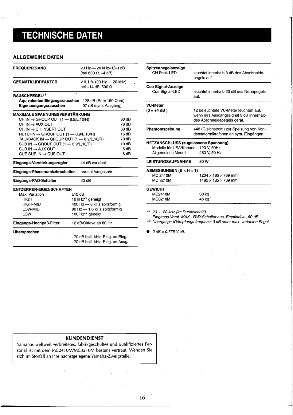 Allgeweine daten, Technische daten, Kundendienst | Yamaha MC2410M User Manual | Page 53 / 58