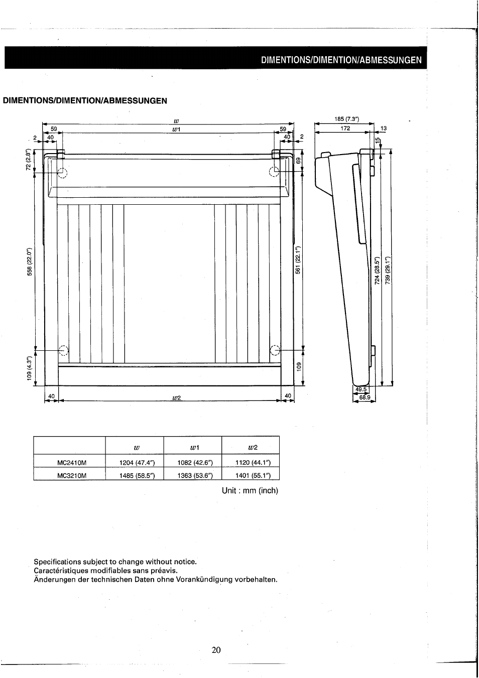 Dimentions/dimention/abmessungen | Yamaha MC2410M User Manual | Page 57 / 58