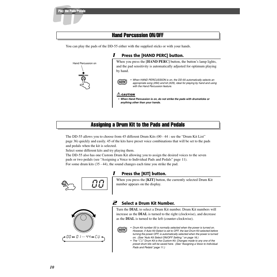 Hand percussion on/off, Assigning a drum kit to the pads and pedals | Yamaha DD-55C User Manual | Page 10 / 47