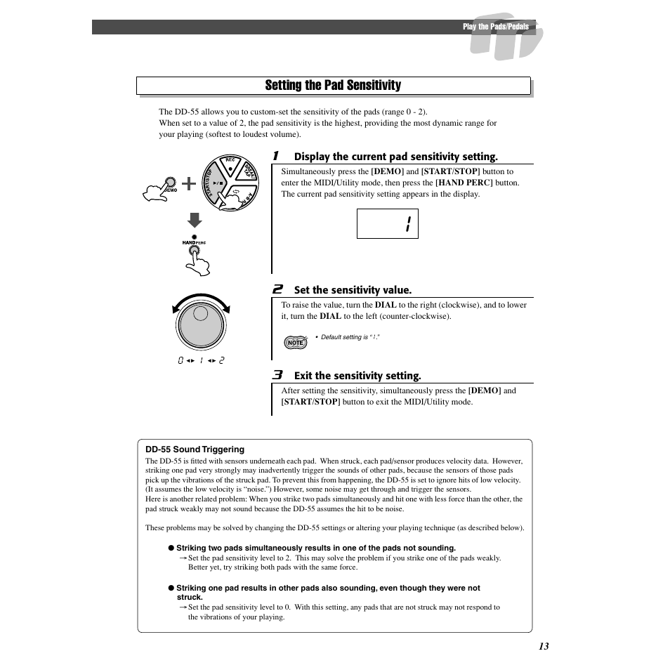 Setting the pad sensitivity | Yamaha DD-55C User Manual | Page 13 / 47