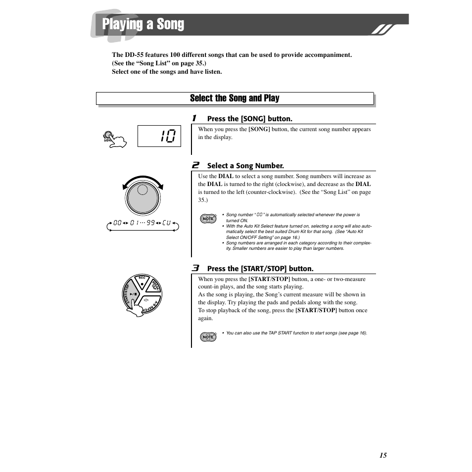 Playing a song, Select the song and play | Yamaha DD-55C User Manual | Page 15 / 47