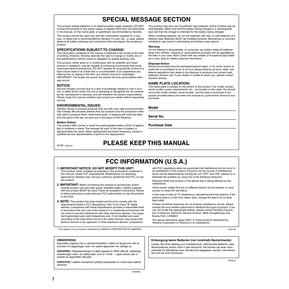 Please keep this manual, Fcc information (u.s.a.) | Yamaha DD-55C User Manual | Page 2 / 47