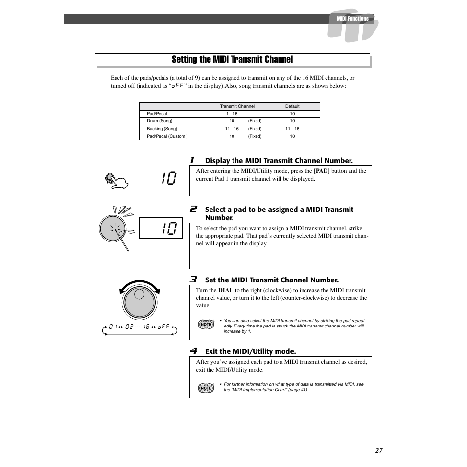 Setting the midi transmit channel | Yamaha DD-55C User Manual | Page 27 / 47