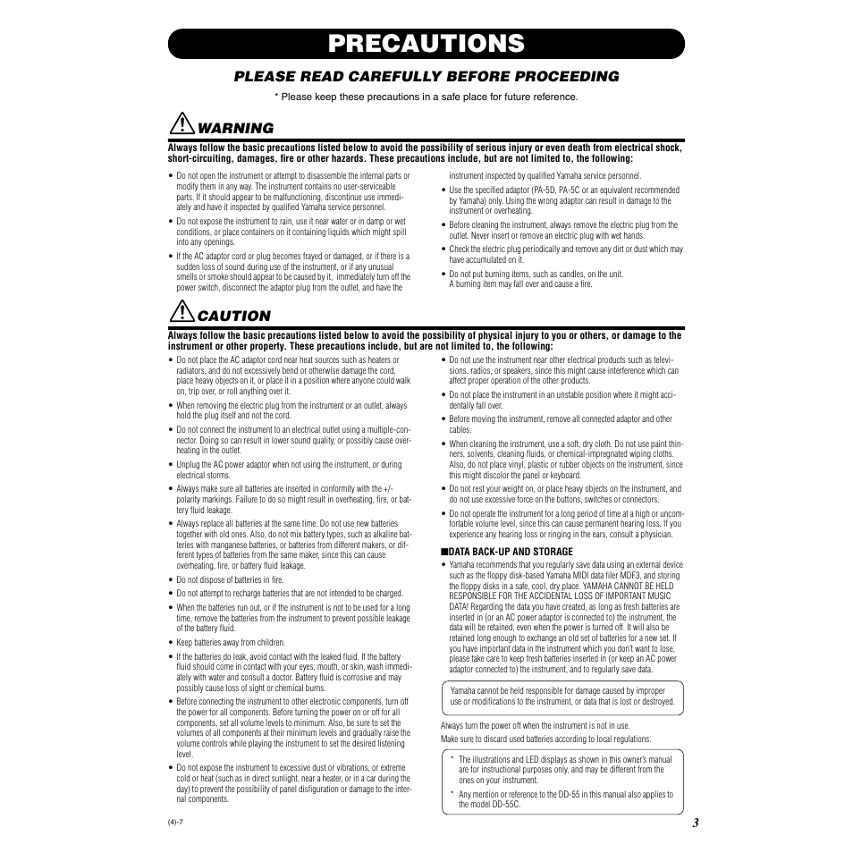 Precautions, Please read carefully before proceeding, Warning | Caution | Yamaha DD-55C User Manual | Page 3 / 47