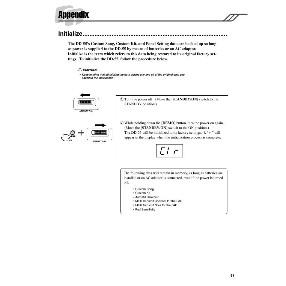 Appendix, Initialize | Yamaha DD-55C User Manual | Page 31 / 47