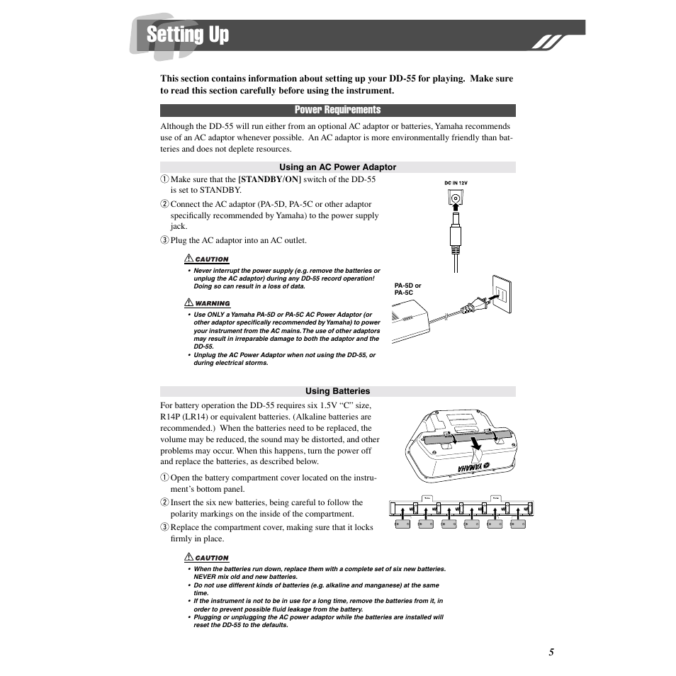 Setting up, Power requirements | Yamaha DD-55C User Manual | Page 5 / 47