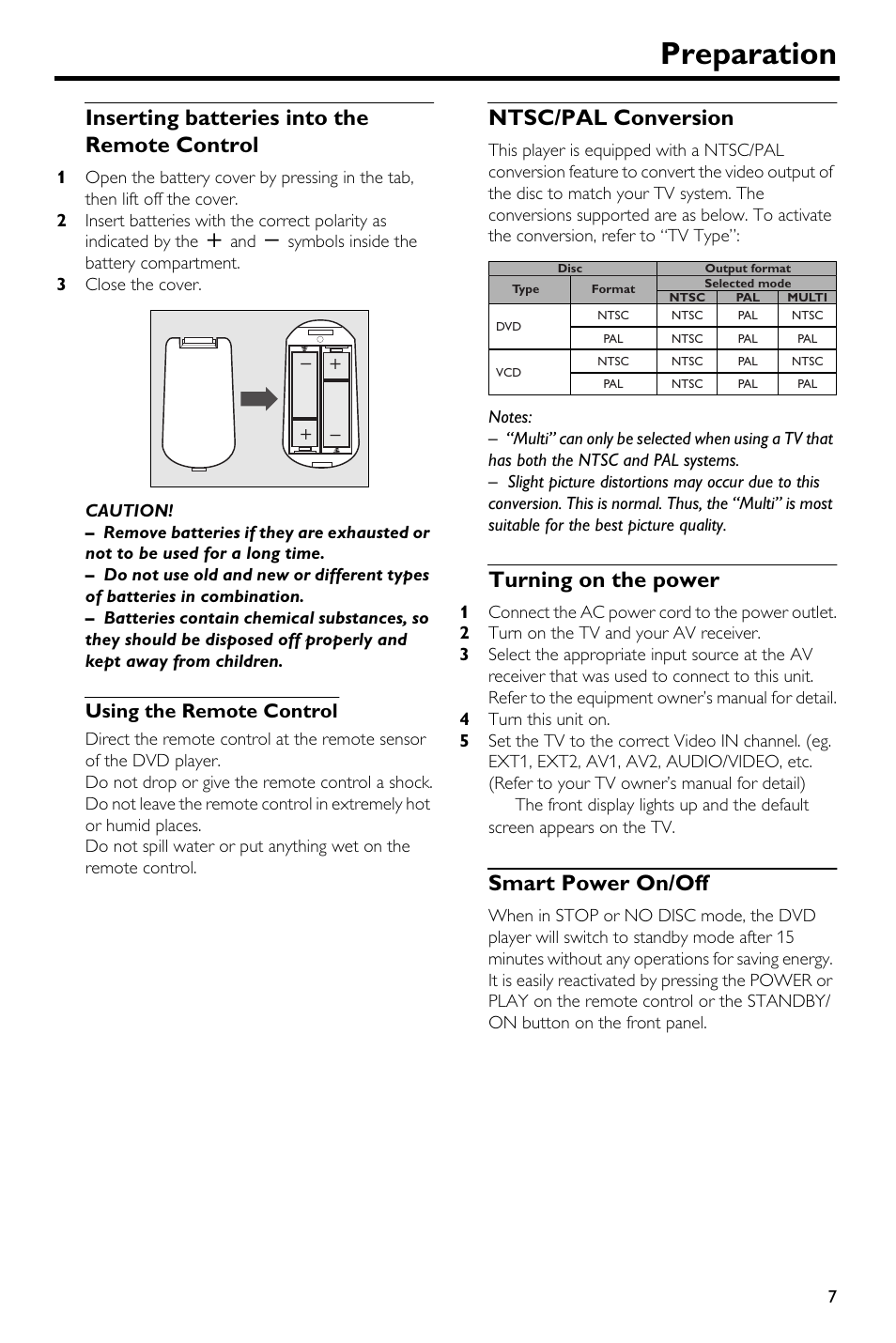 Inserting batteries into the remote control, Using the remote control, Ntsc/pal conversion | Turning on the power, Smart power on/off, Preparation | Yamaha DV-S5650 User Manual | Page 11 / 30