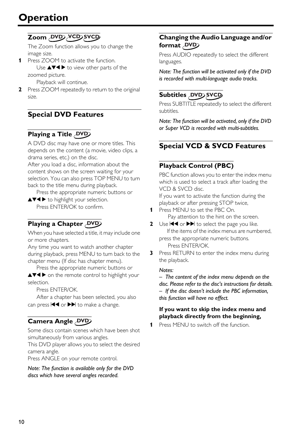 Zoom, Special dvd features, Playing a title | Playing a chapter, Camera angle, Changing the audio language and/or format, Subtitles, Special vcd & svcd features, Playback control (pbc), Operation | Yamaha DV-S5650 User Manual | Page 14 / 30