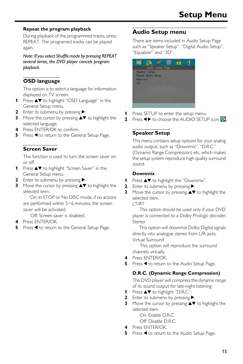Osd language, Screen saver, Audio setup menu | Speaker setup, Osd language screen saver, Setup menu | Yamaha DV-S5650 User Manual | Page 19 / 30