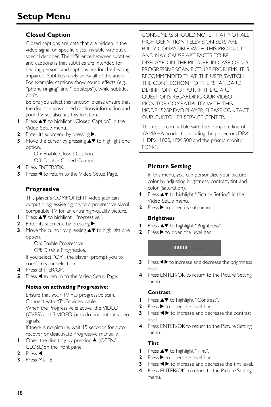 Closed caption, Progressive, Picture setting | Closed caption progressive picture setting, Setup menu | Yamaha DV-S5650 User Manual | Page 22 / 30