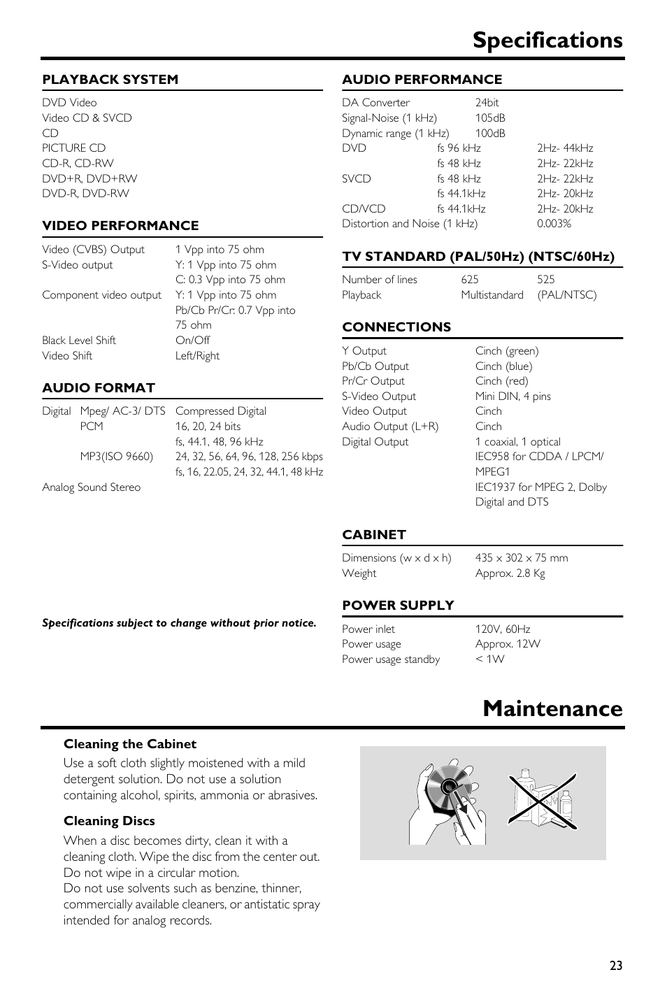 Specifications, Maintenance | Yamaha DV-S5650 User Manual | Page 27 / 30