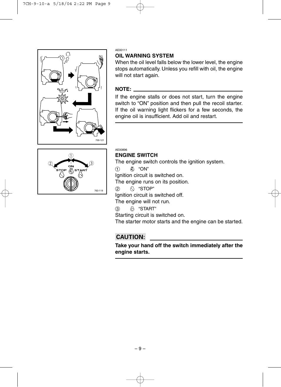 Oil warning system, Engine switch | Yamaha EF3000iSE User Manual | Page 14 / 47