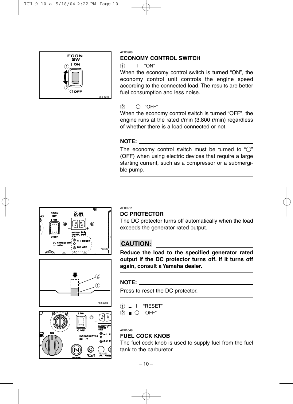 Economy control switch, Dc protector, Fuel cock knob | Yamaha EF3000iSE User Manual | Page 15 / 47