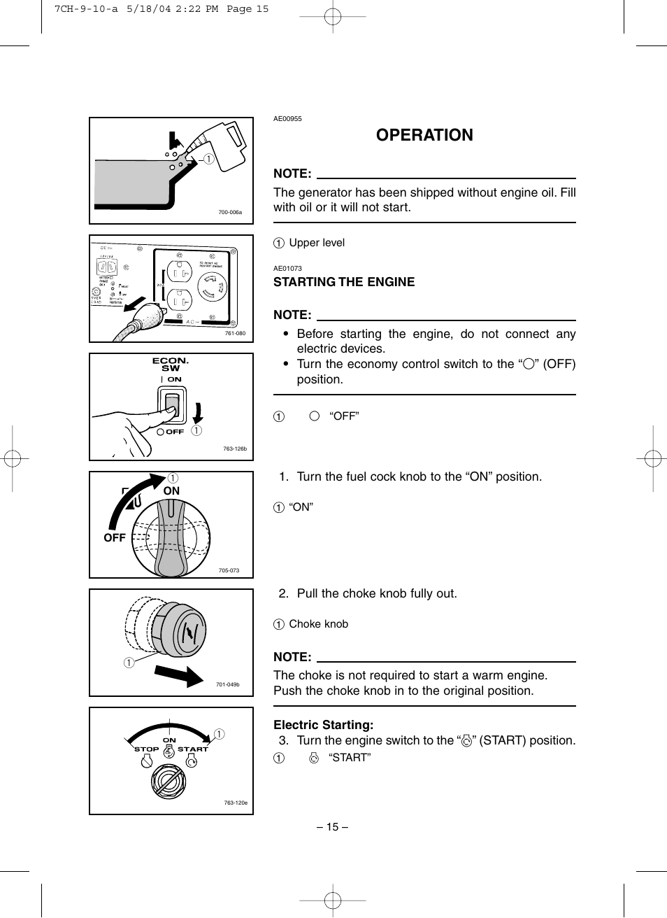 Operation, Starting the engine | Yamaha EF3000iSE User Manual | Page 20 / 47