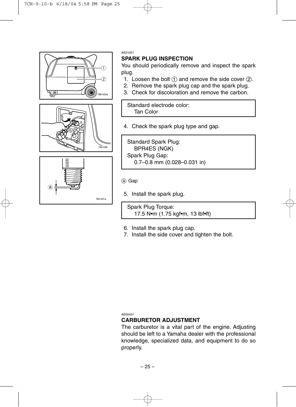 Spark plug inspection, Carburetor adjustment | Yamaha EF3000iSE User Manual | Page 30 / 47