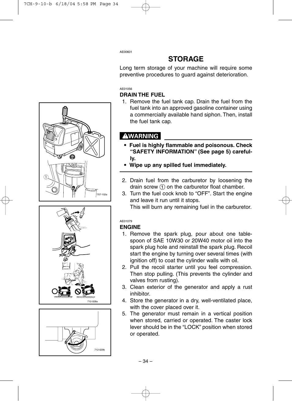 Storage, Drain the fuel, Engine | Yamaha EF3000iSE User Manual | Page 39 / 47