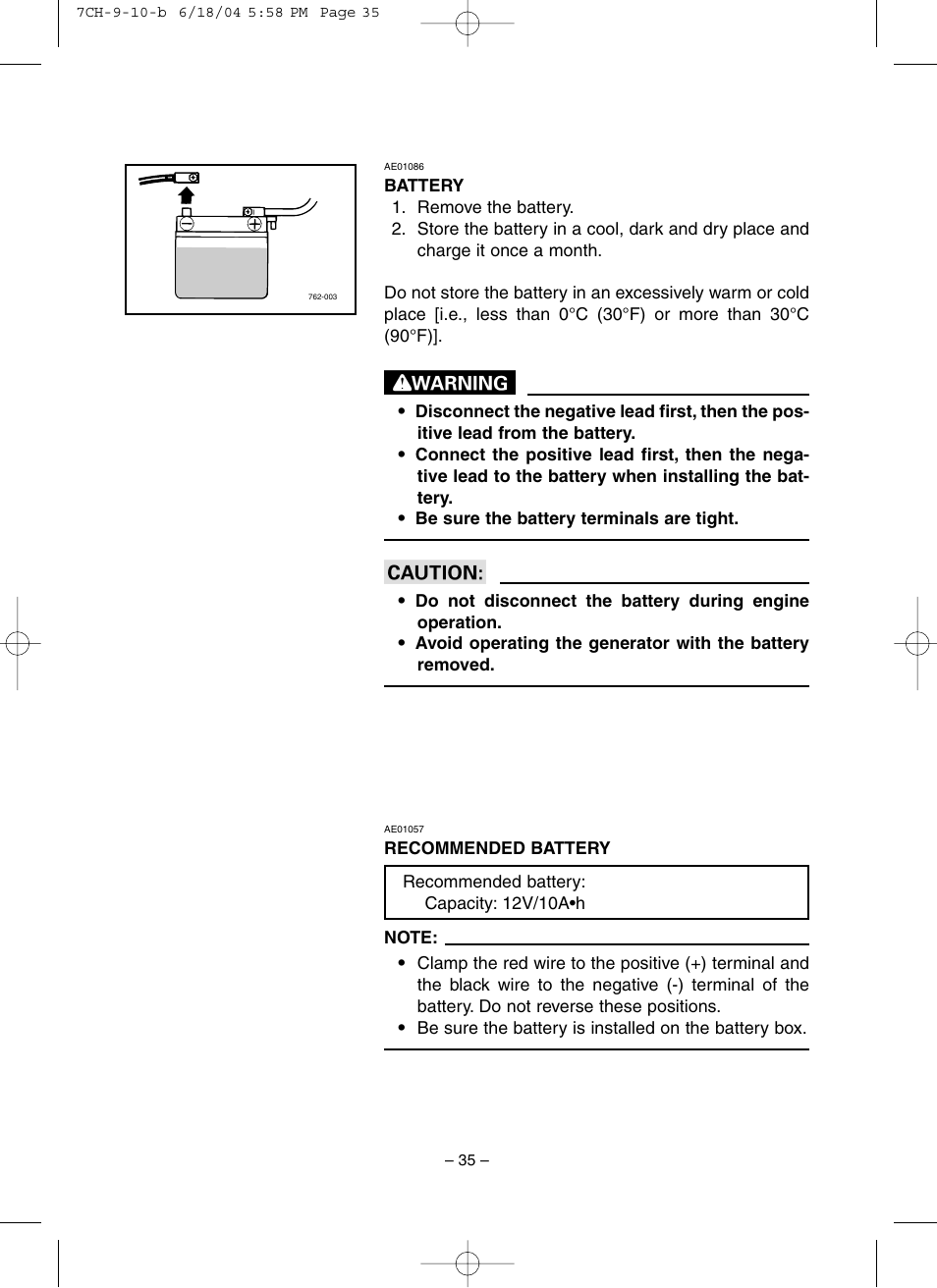 Battery, Recommended battery | Yamaha EF3000iSE User Manual | Page 40 / 47