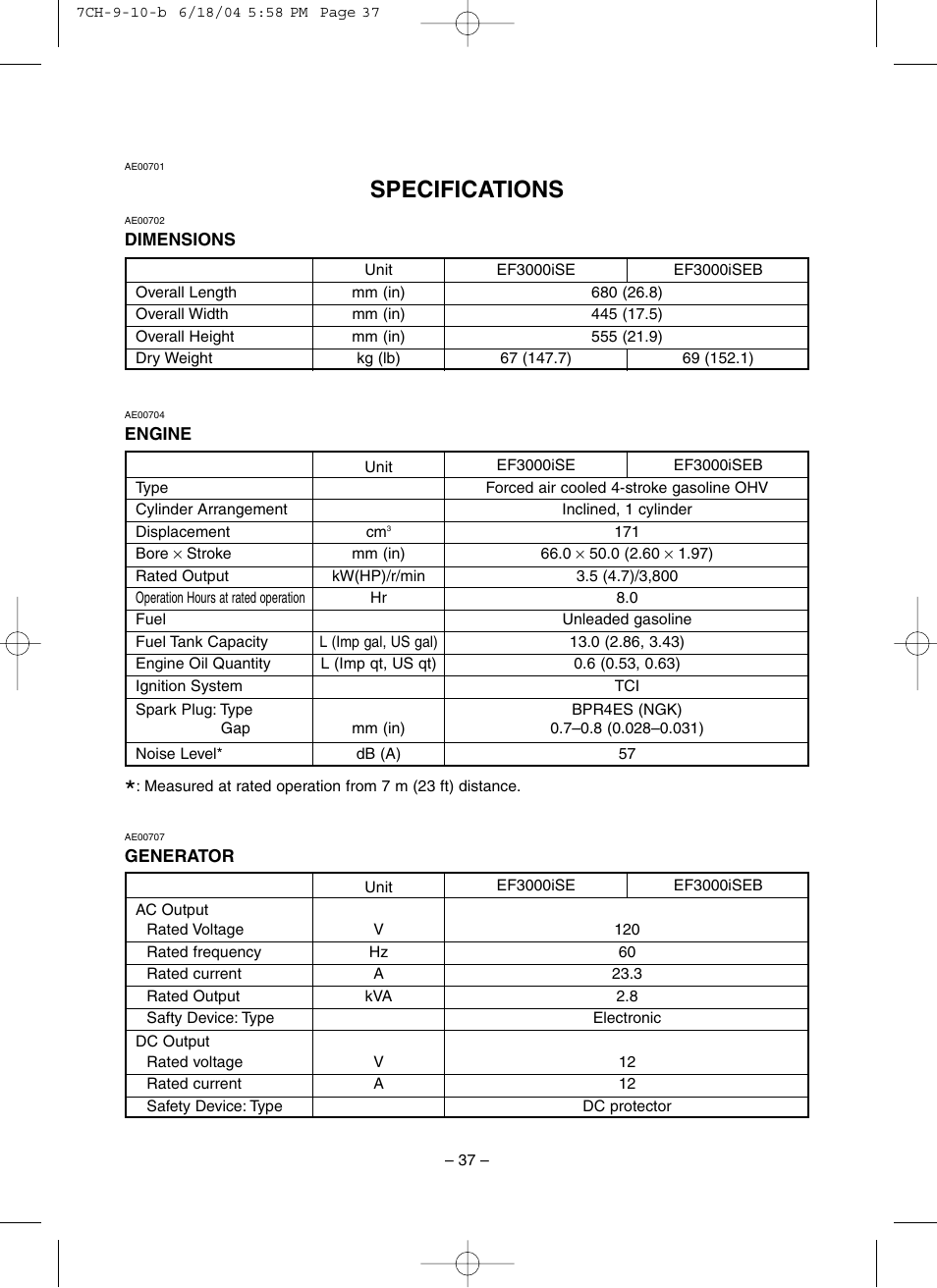 Specifications, Dimensions, Engine | Generator | Yamaha EF3000iSE User Manual | Page 42 / 47