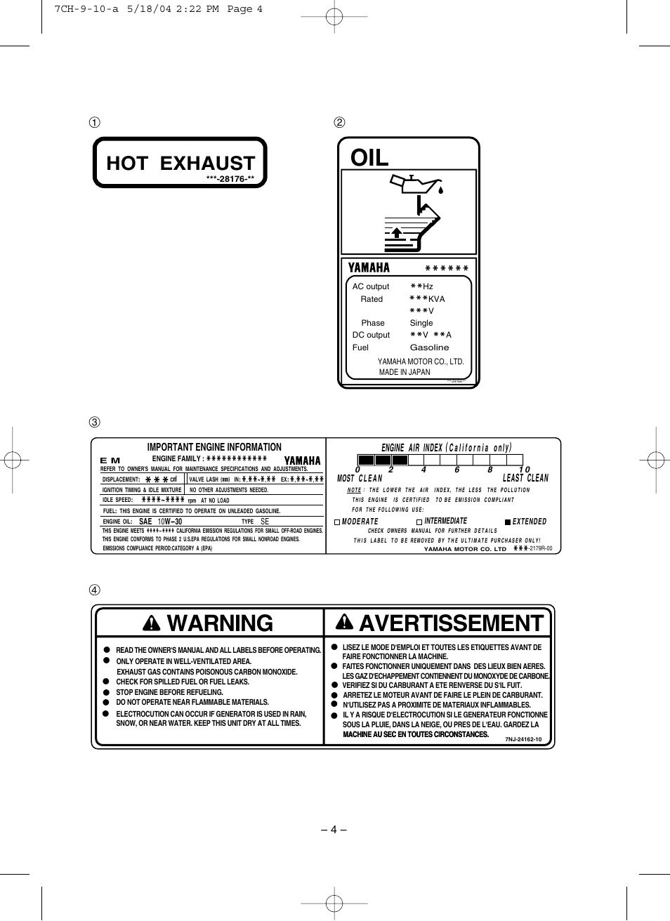 Warning, Avertissement, Hot exhaust | Yamaha EF3000iSE User Manual | Page 9 / 47